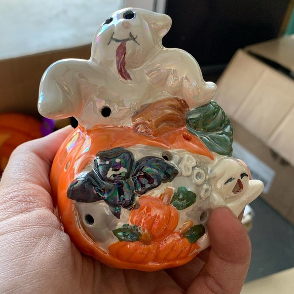 Vintage Holiday Vintage Halloween Light Up Ghost Pumpkin Ceramic
